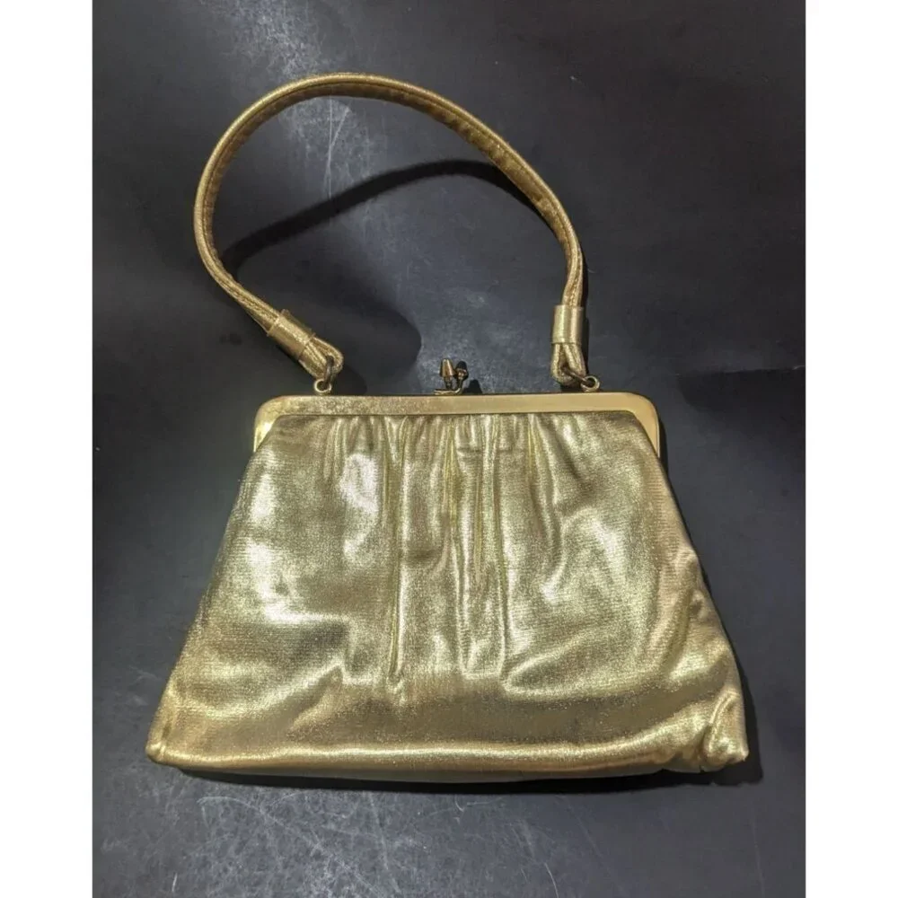 Vintage Joseph Magnin Gold Metallic Evening Purse With Ornate Frame & Satin Inte